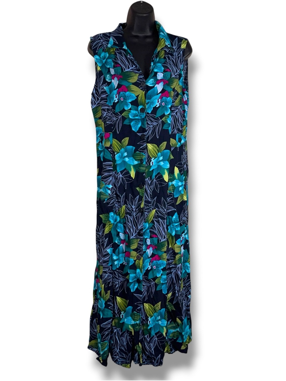 Vintage Large White Stag Midi Dress Teal Blue Floral Tropical Sleeveless